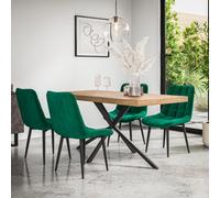 More4Homes Donni Dining Table And Chairs - Oak Effect Table Top W Black Legs + Nova Velvet Dining Chair Set Of 6 (Green)