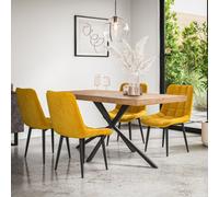 More4Homes Donni Dining Table And Chairs - Oak Effect Table Top W Black Legs + Nova Velvet Dining Chair Set Of 6 (Mustard)
