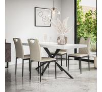 More4Homes Donni Dining Table And Chairs - White Marble Effect Table Top W Black Legs + Monza Linen Dining Chair Set Of 4 (Beige)