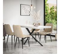 More4Homes Donni Dining Table And Chairs - White Marble Effect Table Top W Black Legs + Nova Velvet Dining Chair Set Of 6 (Beige)