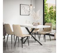 More4Homes Donni Dining Table & Chairs - White Marble Effect Table Top w Black Legs + Nova Velvet Dining Chair Set Of 6 in Beige More4Homes Beige