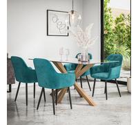More4Homes Etta Glass Dining Table And Chairs - Glass Top W Solid Oak Legs + Anika Velvet Dining Chair Set Of 4 (Blue)