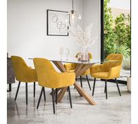 More4Homes Etta Glass Dining Table And Chairs - Glass Top W Solid Oak Legs + Anika Velvet Dining Chair Set Of 6 (Mustard)