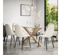 More4Homes Etta Glass Dining Table And Chairs - Glass Top W Solid Oak Legs + Maya Boucle Dining Chair Set Of 6 (Ivory White)