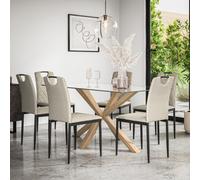 More4Homes Etta Glass Dining Table And Chairs - Glass Top W Solid Oak Legs + Monza Fabric Dining Chair Set Of 6 (Beige)