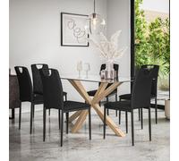 More4Homes Etta Glass Dining Table And Chairs - Glass Top W Solid Oak Legs + Monza Faux Leather Dining Chair Set Of 6 (Black)
