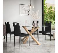 More4Homes Etta Glass Dining Table And Chairs - Glass Top W Solid Oak Legs + Monza Faux Leather Dining Chair Set Of 4 (Black)