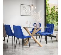 More4Homes Etta Glass Dining Table And Chairs - Glass Top W Solid Oak Legs + Nova Velvet Dining Chair Set Of 4 (Blue)