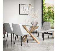 More4Homes Etta Glass Dining Table And Chairs - Glass Top W Solid Oak Legs + Nova Velvet Dining Chair Set Of 4 (Grey)
