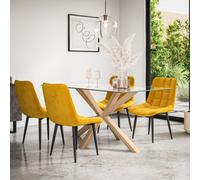 More4Homes Etta Glass Dining Table And Chairs - Glass Top W Solid Oak Legs + Nova Velvet Dining Chair Set Of 6 (Mustard)