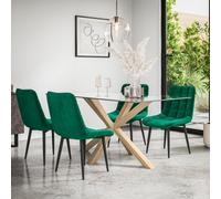 More4Homes Etta Glass Dining Table And Chairs - Glass Top W Solid Oak Legs + Nova Velvet Dining Chair Set Of 4 (Green)
