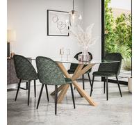 More4Homes Etta Glass Dining Table And Chairs - Glass Top W Solid Oak Legs + Raye Velvet Dining Chair Green Set Of 4