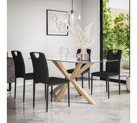 More4Homes Etta Glass Dining Table & Chairs - Glass Top w Solid Oak Legs + Monza Faux Leather Dining Chair Set Of 4 in Black More4Homes Black