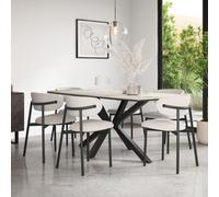 More4Homes Juno Calcutta Gold Ceramic Dining Table & 8 Myla Linen Beige Chairs