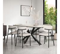 More4Homes Juno White Marble Ceramic Dining Table & 6 Myla Linen Beige Chairs