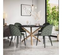 More4Homes Malvern Round Dining Table And Chairs - Black Table Top W Solid Oak Legs + Raye Velvet Dining Chair Green Set Of 6