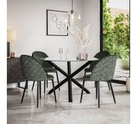 More4Homes Malvern Round Glass Dining Table And Chairs - Glass Top W Solid Black Oak Legs + Raye Velvet Dining Chair Green Set Of 4