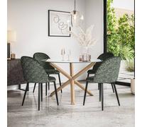 More4Homes Malvern Round Glass Dining Table And Chairs - Glass Top W Solid Oak Legs + Raye Velvet Dining Chair Green Set Of 4