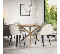 More4Homes Malvern Round Dining Table And Chairs - Oak Effect Table Top W Solid Oak Legs + Raye Velvet Dining Chair Beige Set Of 6