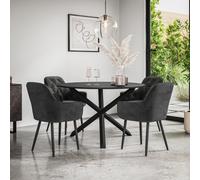 More4Homes Malvern Round Dining Table And Chairs - Black Table Top W Solid Black Oak Legs + Anika Velvet Dining Chair Set Of 4 (Black)