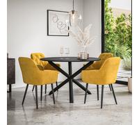 More4Homes Malvern Round Dining Table And Chairs - Black Table Top W Solid Black Oak Legs + Anika Velvet Dining Chair Set Of 4 (Mustard)