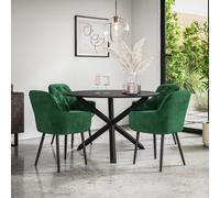 More4Homes Malvern Round Dining Table And Chairs - Black Table Top W Solid Black Oak Legs + Anika Velvet Dining Chair Set Of 4 (Green)