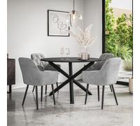 More4Homes Malvern Round Dining Table And Chairs - Black Table Top W Solid Black Oak Legs + Anika Velvet Dining Chair Set Of 4 (Grey)