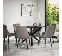 (Grey) Malvern Round Black Dining Table Set Black Oak Legs 4-6 Nova Faux Leather Chair