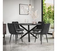More4Homes Malvern Round Dining Table And Chairs - Black Table Top W Solid Black Oak Legs + Nova Velvet Dining Chair Set Of 4 (Black)