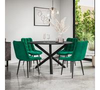 More4Homes Malvern Round Dining Table And Chairs - Black Table Top W Solid Black Oak Legs + Nova Velvet Dining Chair Set Of 4 (Green)