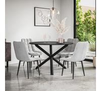 More4Homes Malvern Round Dining Table And Chairs - Black Table Top W Solid Black Oak Legs + Nova Velvet Dining Chair Set Of 4 (Grey)