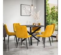 More4Homes Malvern Round Dining Table And Chairs - Black Table Top W Solid Black Oak Legs + Nova Velvet Dining Chair Set Of 6 (Mustard)