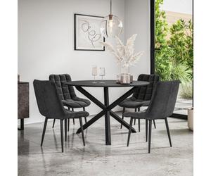 More4Homes Malvern Round Dining Table And Chairs - Black Table Top W Solid Black Oak Legs + Nova Velvet Dining Chair Set Of 4 (Black)