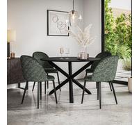 More4Homes Malvern Round Dining Table And Chairs - Black Table Top W Solid Black Oak Legs + Raye Velvet Dining Chair Green Set Of 6