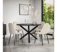 More4Homes Malvern Round Dining Table And Chairs - Black Table Top W Solid Oak Black Legs + Maya Boucle Dining Chair Set Of 4 (Ivory White)