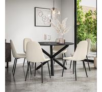 More4Homes Malvern Round Dining Table And Chairs - Black Table Top W Solid Oak Black Legs + Maya Boucle Dining Chair Set Of 6 (Ivory White)