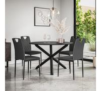More4Homes Malvern Round Dining Table And Chairs - Black Table Top W Solid Oak Black Legs + Monza Fabric Dining Chair Set Of 4 (Charcoal)