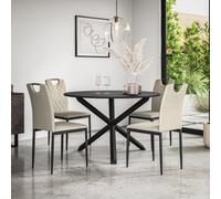 More4Homes Malvern Round Dining Table And Chairs - Black Table Top W Solid Oak Black Legs + Monza Fabric Dining Chair Set Of 4 (Beige)