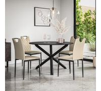 More4Homes Malvern Round Dining Table And Chairs - Black Table Top W Solid Oak Black Legs + Monza Faux Leather Dining Chair Set Of 4 (Beige)