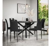 More4Homes Malvern Round Dining Table And Chairs - Black Table Top W Solid Oak Black Legs + Monza Faux Leather Dining Chair Set Of 6 (Black)