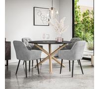 More4Homes Malvern Round Dining Table And Chairs - Black Table Top W Solid Oak Legs + Anika Velvet Dining Chair Set Of 4 (Grey)