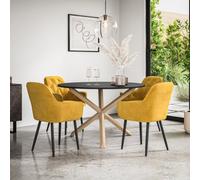 More4Homes Malvern Round Dining Table And Chairs - Black Table Top W Solid Oak Legs + Anika Velvet Dining Chair Set Of 4 (Mustard)