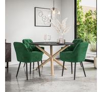 More4Homes Malvern Round Dining Table And Chairs - Black Table Top W Solid Oak Legs + Anika Velvet Dining Chair Set Of 4 (Green)
