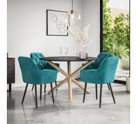 More4Homes Malvern Round Dining Table And Chairs - Black Table Top W Solid Oak Legs + Anika Velvet Dining Chair Set Of 4 (Blue)
