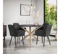 More4Homes Malvern Round Dining Table And Chairs - Black Table Top W Solid Oak Legs + Anika Velvet Dining Chair Set Of 4 (Black)