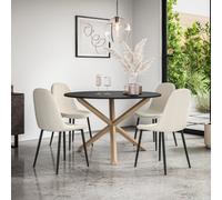 More4Homes Malvern Round Dining Table And Chairs - Black Table Top W Solid Oak Legs + Maya Boucle Dining Chair Set Of 4 (Ivory White)