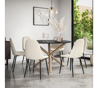 More4Homes Malvern Round Dining Table And Chairs - Black Table Top W Solid Oak Legs + Maya Boucle Dining Chair Set Of 6 (Ivory White)