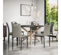 More4Homes Malvern Round Dining Table And Chairs - Black Table Top W Solid Oak Legs + Monza Fabric Dining Chair Set Of 6 (Grey)