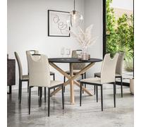 More4Homes Malvern Round Dining Table And Chairs - Black Table Top W Solid Oak Legs + Monza Fabric Dining Chair Set Of 6 (Beige)