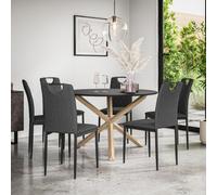 More4Homes Malvern Round Dining Table And Chairs - Black Table Top W Solid Oak Legs + Monza Fabric Dining Chair Set Of 6 (Charcoal)